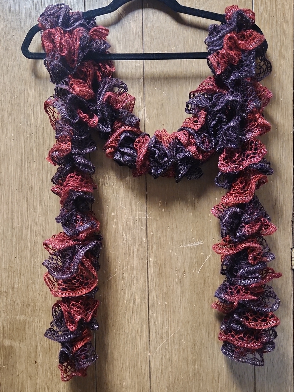 Ruffled Knit Scarf in Burgundy and Plum. About 75in